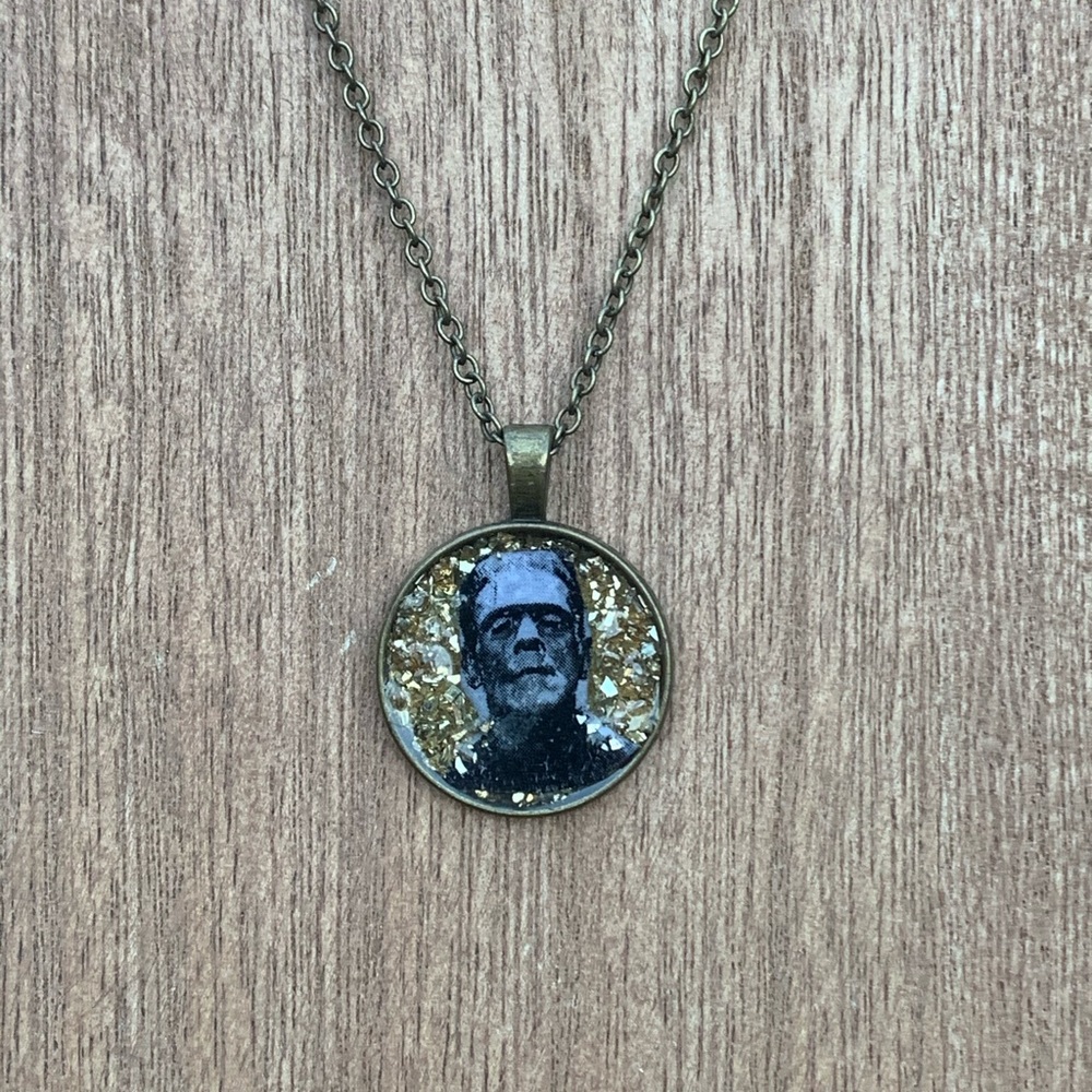 handmade Frankenstein + gold flake necklace
